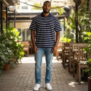 Simply Southern Mens‎ XL Navy Blue White Striped Cotton Polo Shirt NWT 0125-MN